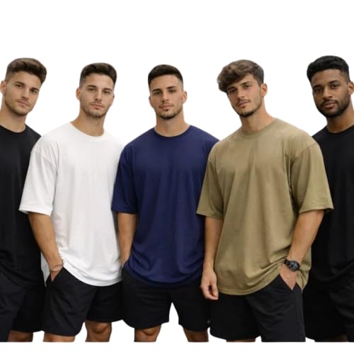 Kit 3 Camisetas Masculinas Oversized 100% Algodão Premium Lisas (Cinza/Preto/Azul, GG)
