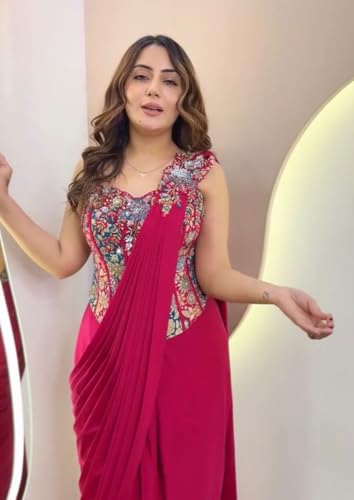 Image of Embellished, Embroidered trending ready-to-wear heavy crepe Silk with embroidery sequence cording work Saree with Full Stitched Blouse
