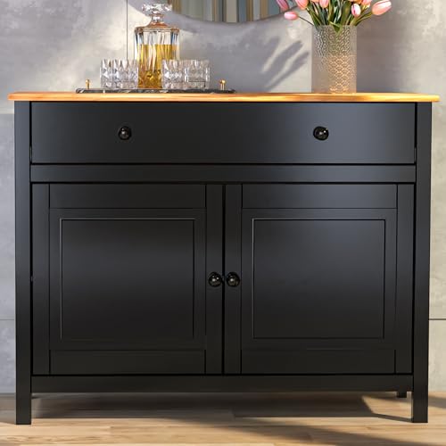 From the Tree Furniture Solid Wood Sideboard Server Buffet Cabinet with Doors and Drawer (Black)