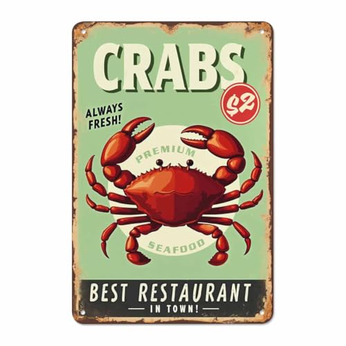 AOYEGO Seafood Crabs Tin Sign,Delicious Fresh Crabs Best Restaurant in Town Vintage Metal Tin Signs for Cafes Bars Pubs Shop Wall Decorative Funny Retro Signs for Men Women 8x12 Inch