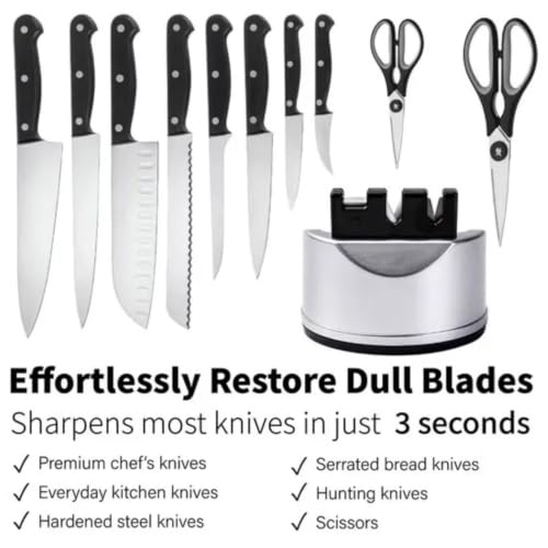 Image of 3-Stage Knife Sharpener Tool for Kitchen | Straight & Serrated Blades Scissors Sharpener | Ceramic and Steel Knives Repair & Restore, Strong Suction Base Easy Hands-Free Operation, Gifts, Gray