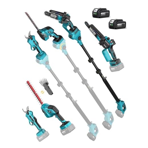 SEESII Mini Motosega a Batteria 6 Pollici & Tagliasiepi & Forbici, Set Attrezzi da Giardino Telescopico 8-in-1 con 2x 4000mAh Batterie, Motore Brushless, per Potatura Alberi e Siepi