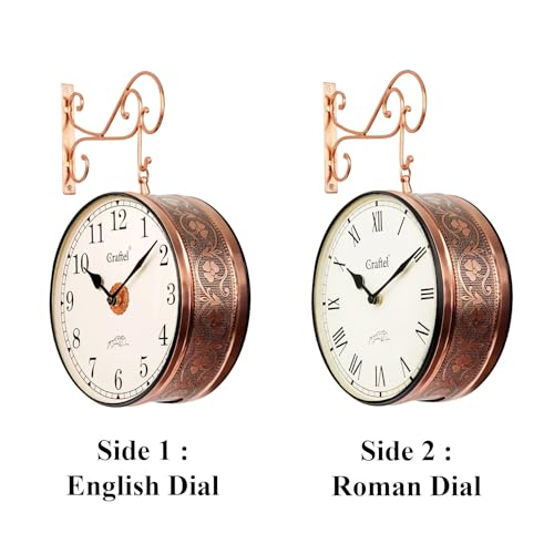 Image of CRAFTEL Double Sided Station Wall Clock Electroplated | English Roman Numerals | Brass Body Aluminum Matte-Finish Dial | Dial - 10 Inches, Rose Gold | 365 Days Warranty
