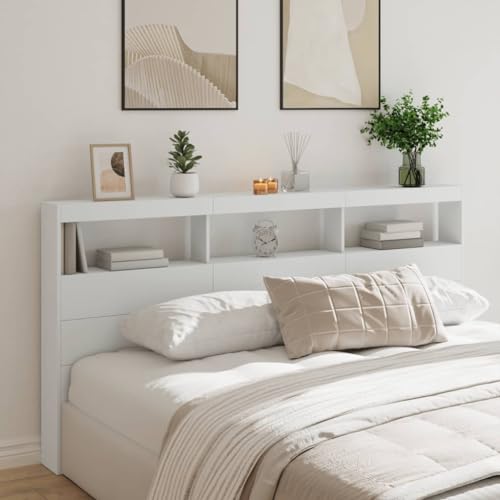 White Headboard Cabinet with LED - 200 cm Wide, Wall Mounted Design for King and Full Size Beds, Bedroom Decor, Adjustable Headboards