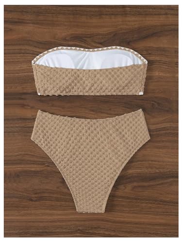 SHENHE Women's High Waisted Bandeau Bikini Set 2 Piece Strapless Textured Swimsuits Brown Large - Image 2
