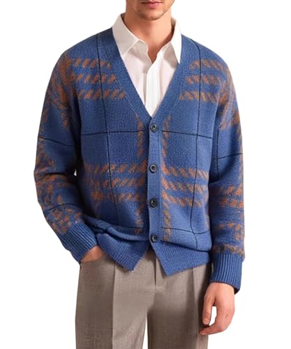 Men's V Neck Cardigan Sweater Long Sleeve Button Down Slim Fit Casual Baggy Plaid Knitted Sweater