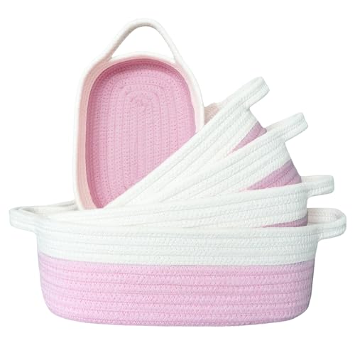 Image of 5-Piece Rectangle Storage Basket Set- Natural Cotton Rope Woven Baskets for Organizing! Small Basket for Montessori, Baby Nursery, Dog Toy Baskets, Cat Toy Box, Bathroom Organization Bin- Pink
