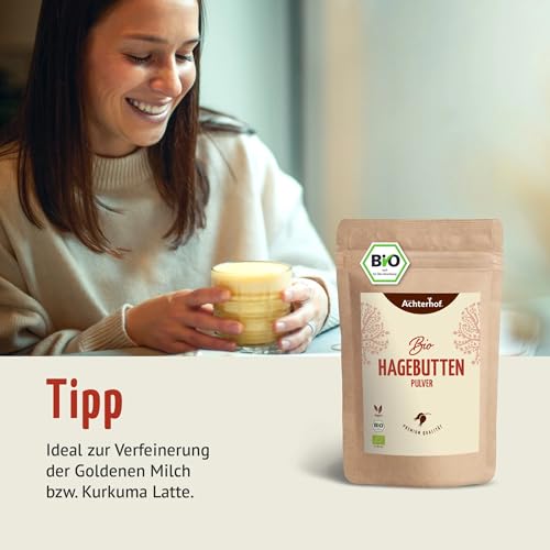 Hagebuttenpulver Bio 1000g | ganze Hagebutte gemahlen | fruchtiges, süß-würziges Aroma | 100% Bio Hagebutten Pulver in Rohkostqualität | vom Achterhof