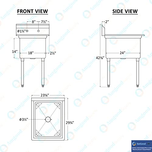 Image of AmGood Stainless Steel Prep & Utility Sink | 304 Stainless Steel | Overall Size: 29 3 /4 inch x 23 5 /8 inch | Restaurant, Kitchen, Laundry, Garage | NSF (Bowl Size: 24 inch x 18 inch No Faucet)