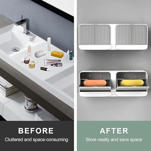 Image of Wall Mounted Soap Holder with Lid and Drain Tray, Double Compartment Soap Box with Adhesive Sticker Installation, Bathroom Soap Storage Case with Hanging Hook