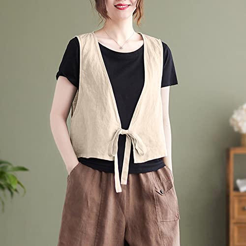 Shiyifa Women's Lightweight Cotton Linen Vest Sleeveless Loose Fit Blazer Jacket Tops(Beige,S) #TOP5