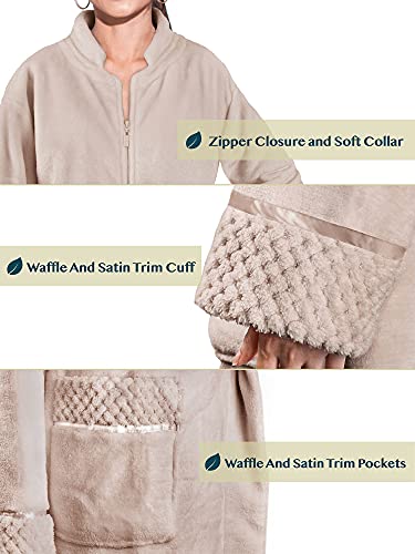 Pavilia Womens Housecoat Zip Robe, Fleece Zip Up Front Robe Bathrobe, Plush Warm Zipper House Coat Lounger For Women Ladies Elderly With Satin Trim, Pockets, Long - Beige Taupe (Large/X-Large) #TOP3
