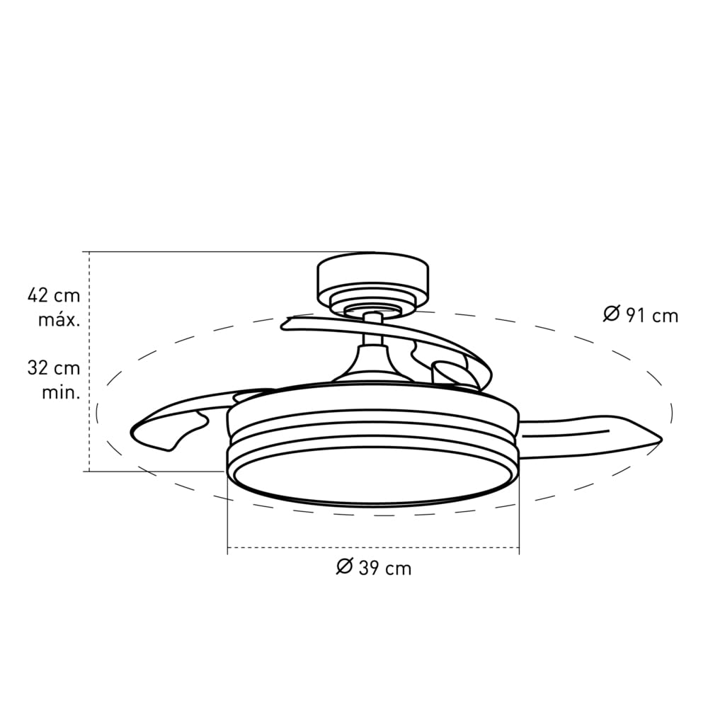 Wentylator sufitowy ILSA LED z wysuwanymi łopatkami, Cichy silnik prądu stałego, 3 CCT ściemnialny 45W, Nikiel