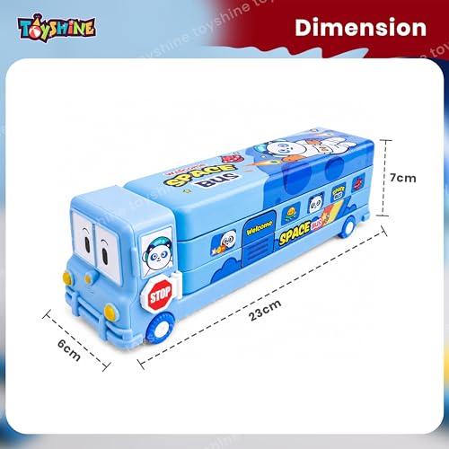 Image of Toyshine Cartoon Printed School Bus Matal Pencil Box with Moving Tyres and Sharpner for Kids - Blue