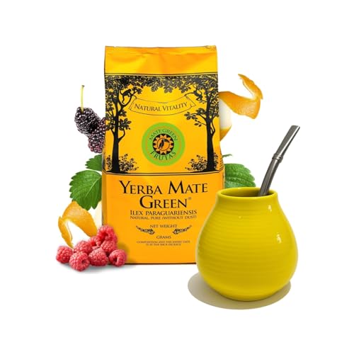 Yerba Mate Starter Set – Green Frutas 200g Pack, 300ml Ceramic Gourd Cup, Stainless Steel Bombilla Straw, Beginner Friendly Complete Mate Kit