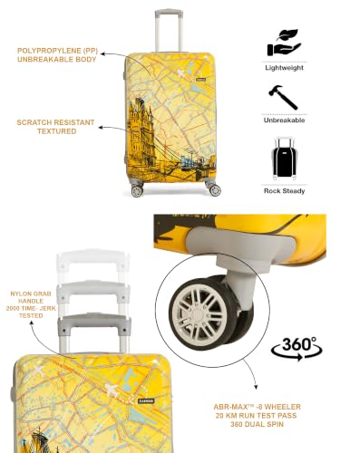 Image of Teakwood Premium Polypropylene Hard Case Printed Trolley Bag, Lightweight Unbreakable Luggage, 360 Dual Spinner Wheels, Side Combination Lock, Smooth Glide,Yellow, Medium