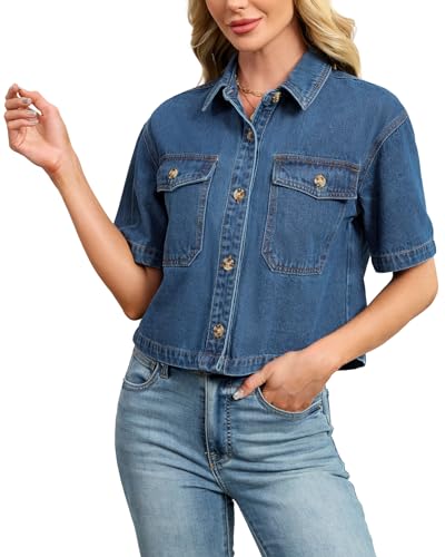 Kedera Womens Crop Denim Shirt Short Sleeve Button Down Short Jean Jacket Trendy Jean Tops Shackets