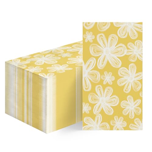 Horaldaily 100 Spring Summer Disposable Paper Decorative Guest Yellow Napkins, Flowers Hand Towel for Party Lunch Dinner Kitchen Bathroom Decoration