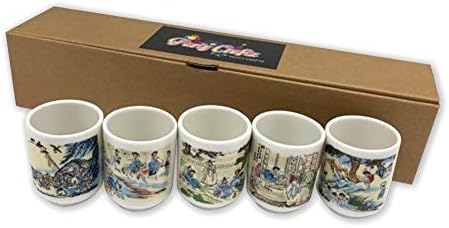 PARTYCRAFTZ Korean Soju Shot Glass Set – 5 Piece Ceramic Pottery Cup for Whiskey Sake Vodka Alcohol Liquor w/Korea Traditional Illustration Paintings Gift Party Decoration Display Drinking Glasses