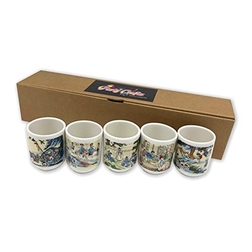 Partycraftz Korean Soju Shot Glass Set – 5 Piece Ceramic Pottery Cup For Whiskey Sake Vodka Alcohol Liquor W/Korea Traditional Illustration Paintings Gift Party Decoration Display Drinking Glasses #TOP3
