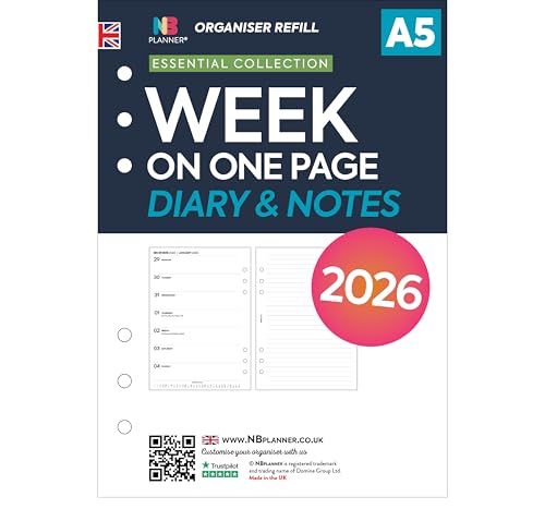 Agenda semainier 2026 A5 et recharge de notes lignées | Janvier 2026 à décembre 2026 | Compatible avec les organiseurs Filofax A5 | 148 x 210 mm