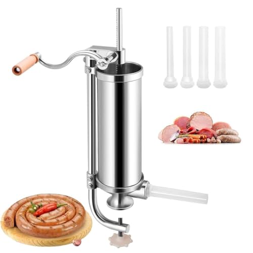 IUBGFTO Embutidora de Salchichas Comercial de 3 l, embutidora de Carne Manual Vertical con 4 Tubos de llenado, Base de succión y manivela Manual, embutidora casera de Acero Inoxidable