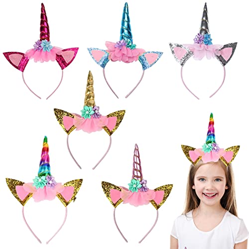 6 Stück Einhorn Stirnband,Einhorn Haarreif Kindergeburtstag,Unicorn Hair Band,Einhorn Haarreif mit Einhorn Horn,Einhorn Haarreifen Mädchen,Horn Stirnband,Headband Stirnband Bunt mit Unicorn Horn Cover