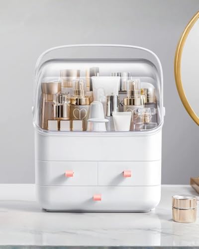 Image of LINFIDITE Cosmetic Storage Box with Lid Makeup Organizer Box with Dust Free Cover Portable Handle,Large Makeup Display Case with Drawers Fully Open Lid,Great for Dresser Bathroom Countertop