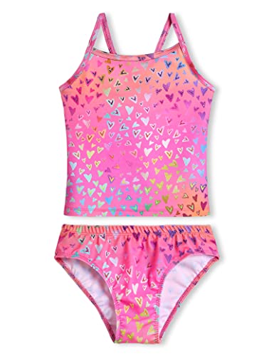 TENVDA Girls Bathing Suit Size 7-8 Years Old Two Piece Swimsuit Tankini Sets Hotpink Heart Print Surfing Beach Swimwear