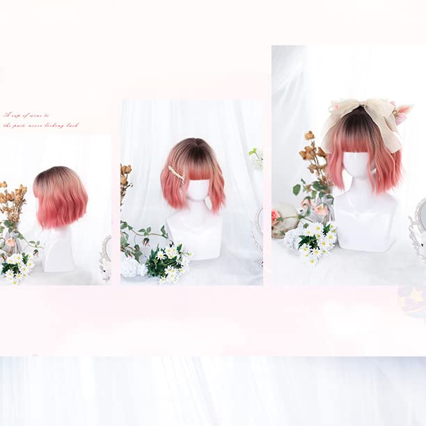 Ombre Pink Lolita Wig Natural Wavy Black Rooted Mixed Pastel Rose Pink Wigs Synthetic Heat Resistant Curly Hair for Women