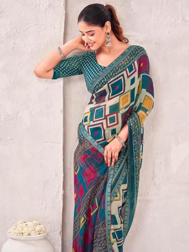 Image of SIRIL Women's Georgette Printed Saree with Unstitched Blouse Piece
