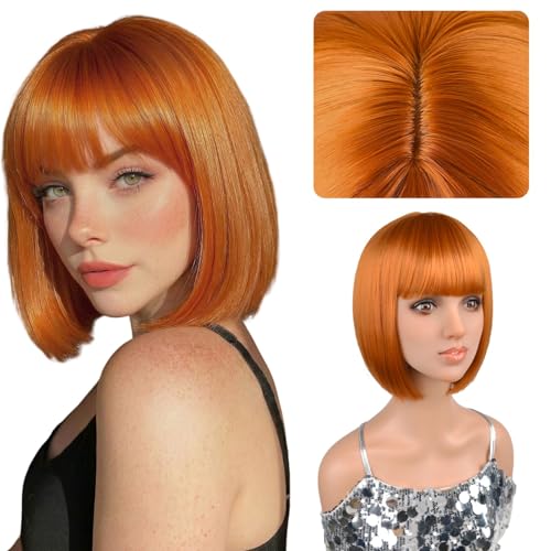 Bob Wig 12 Inch Orange Bob Wigs with Bangs Adjustable Straps Colorful Wig Synthetic Heat Resistant Fiber for Daily Party Cosplay Use Shoulder Length Orange Wig for Women Girl with Wig Cap