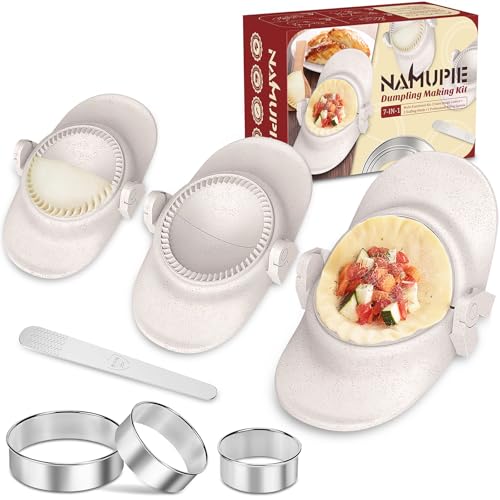 NAMUPIE 7 Piece Dumpling Maker Kit - All-in-One Empanada Maker Set with Press Molds & Ring Cutters, BPA-Free Kitchen Accessories for Home Cooking, Family/Friends Fun Gift (Beige)