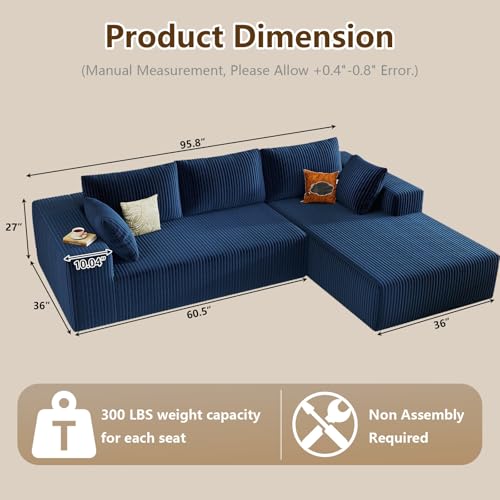 Image of 96 inch Modular Sectional Couch, Boneless L Shaped Cloud Sofa with Chaise Lounge, Corduroy Upholstered Couches Memory Foam Deep Seat, No Assembly Required, Ideal for Living Room(Blue, Right Facing)