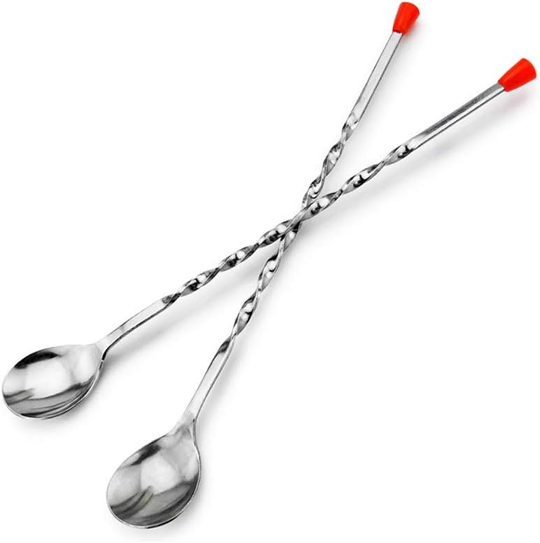 (Set of 2) 11-Inch Stainless Steel Bar Spoon with Red Knob, Long Handle Twisted Mixing Spoon