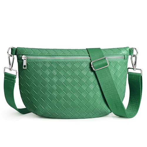 KALIDI Woven Crossbody Bags for Women Travel Vegan Leather Fanny Packs for Woman Cross Body Purse Fashion Belt Bum Bag with Wide Strap