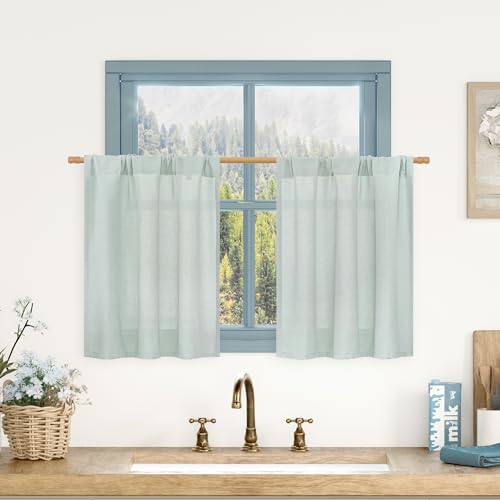Image of LAMIT Short Linen Curtains 24 Inch Length for Cafe, 2 Panels, Light Blue
