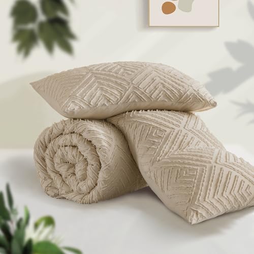 Image of Andency Khaki King Size Comforter Set, 3 Pieces Boho Soft Bedding Set & Collections, Farmhouse Tufted Fluffy Warm Bedding Comforter Sets for King Bed (1 Comforter 104x90In, 2 Pillowcases)
