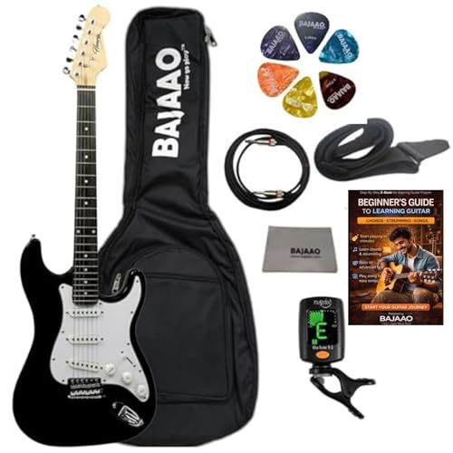 Image of Henrix ST- 6 String Strat Style Poplar Electric Guitar With Gig-Bag, Tuner, Cable, Polishing Cloth, Strap, Picks & E-Book - Black