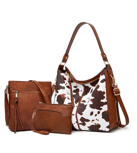 KingTo Women's 3pcs Cow Print Tote Handbag Set Soft Leather Crossbody Shouler Bag Purse with Wallet