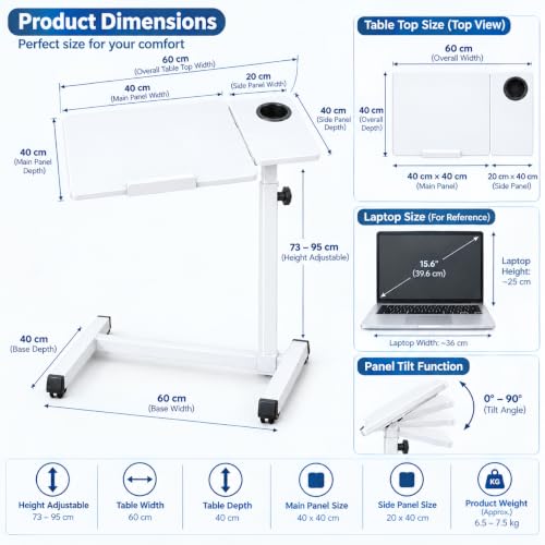 Image of GI Adjustable Laptop Table with 360 Concealed Wheels for Sofa & Bed with Cup Holder, Portable Table for Home, Ergonomic Height Adjustable Study Desk, Tilting Laptop Stand for Reading, Dining (White)