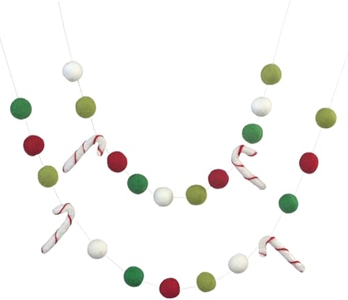 Candy Cane Christmas Garland- 1" Felt Balls, 2.75 Candy Canes- 100% Wool Felt- Red, Lime, Kelly Green, White- Mantle Banner, Holiday Shelf, Winter