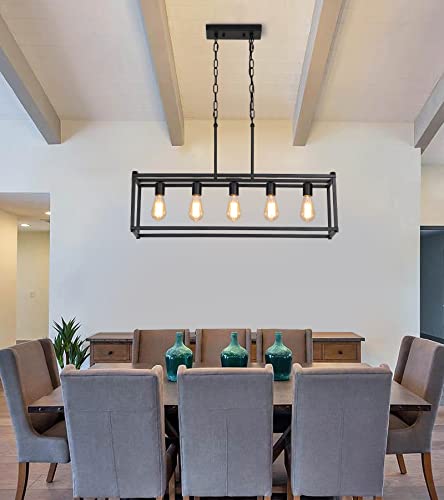 AMZASA Luminária de ilha industrial preta com 5 luzes, lustre de casa de fazenda retangular moderno