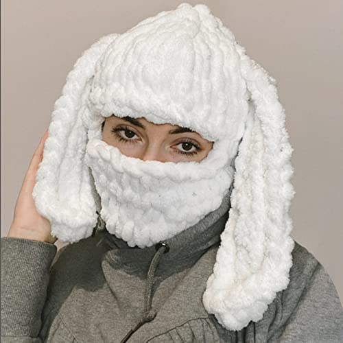 Women Knit Crochet Balaclava Hat Winter Funny Bunny Ears Sweater Beanie Hat With Scarf Headwear Warm Skull Cap (White Rabbit Ear, One Size) #TOP3