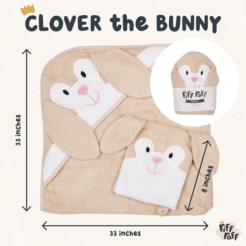 Image of Riff Raff Friendly Bunny Hooded Towel - Premium Cotton Baby Towel with Mitt Set - Ultra Soft Machine Washable Cartoon Hooded Baby Towels - Baby Towels with Hood for Newborn Baby, Infants, Toddlers
