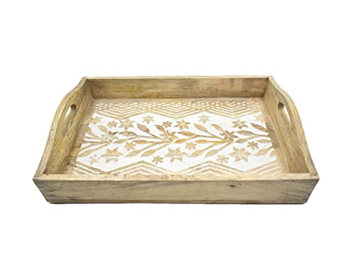Hand Carved Wooden Breakfast Serving Tray With Handle For Breakfast Tea Snack Dessert | Kitchen Dining Serve-Ware Accessories | 15 X 10 Inches | 2049 #TOP13