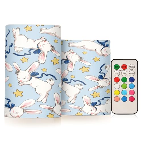 Mnsruu Flammenlose LED-Stumpenkerzen, niedlicher schlafender Hase und Sterne, 2 Packungen