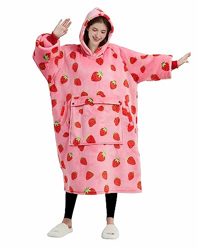 Image of KFUBUO Wearable Blanket Hoodie for Adults With Pocket Strawberry Extra Long | Sherpa, Fuzzy Blanket Hoodie, Oversized Sweatshirt Blanket, Kangaroo Pouch, Cute Birthday Gifts for Women, Cute Stuff