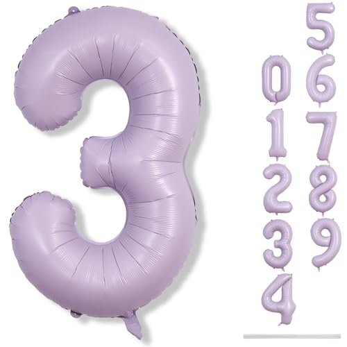 Image of Large Dusty Pastel Purple 3 Balloons, 40 Inch Giant Light Purple Helium Mylar Foil Globos Numero for Girls, Self Inflating 3rd Birthday Balloon for Women Three Anniversary Party Decorations Supplies