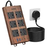 TOPREK Wood Grain 6 Way Extension Lead with USB Slots, Surge Protection, 2USB-A & 2USB-C & 1 Switch, 13A/3250W, Brown Extension Cable 2M for Home Office Kitchen